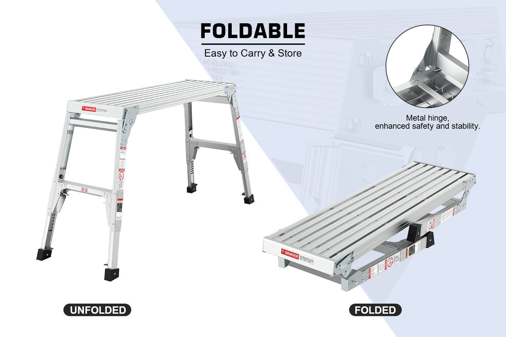 Aluminum Work Platform Large Size Step Stool Folding Portable Work Bench 40" Width Telescopic Feet 22" -27.5" Height Adjustable