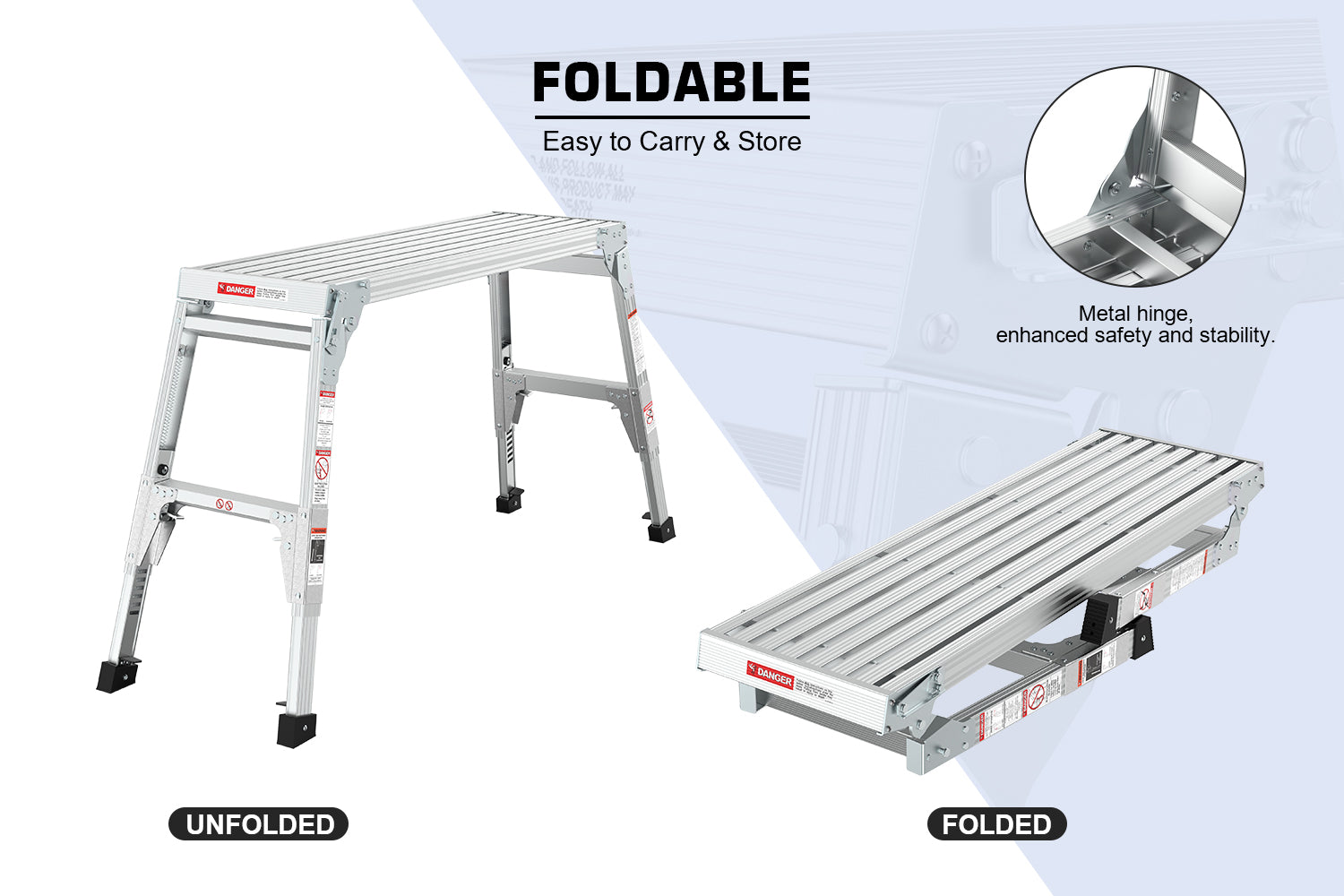 Aluminum Work Platform Large Size Step Stool Folding Portable Work Bench 40" Width Telescopic Feet 22" -27.5" Height Adjustable