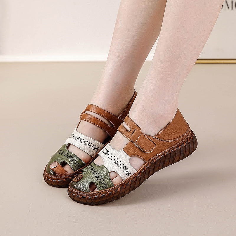 Cowhide mom sandals for women non slip cowhide sole soft sole genuine leather women's shoes flat bottom