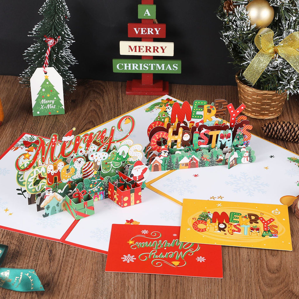 Christmas 3D greeting card, Christmas tree, little penguin cartoon, cute paper carving, handwritten message greeting card