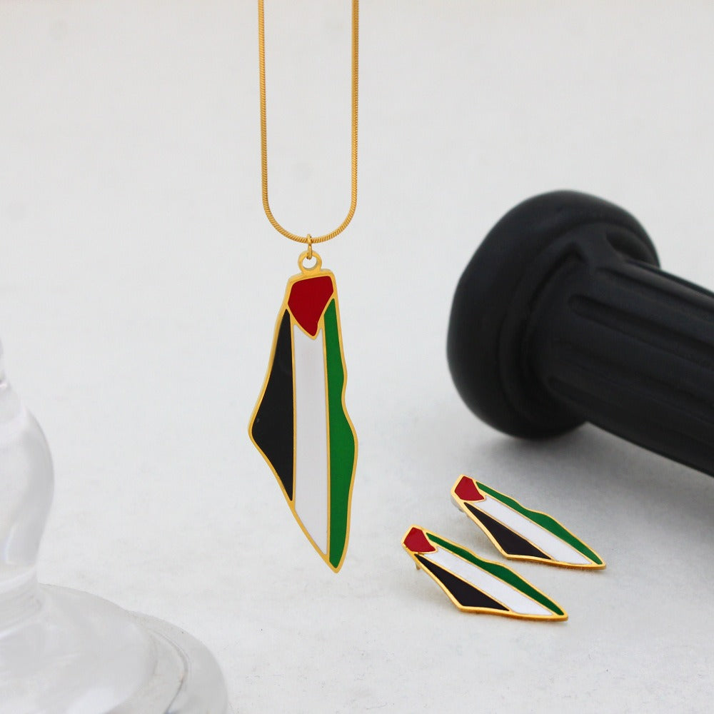 Oil-Drip Palestine Map Titanium Steel 18K Pendant Necklace Fashion Personalized Earring Set
