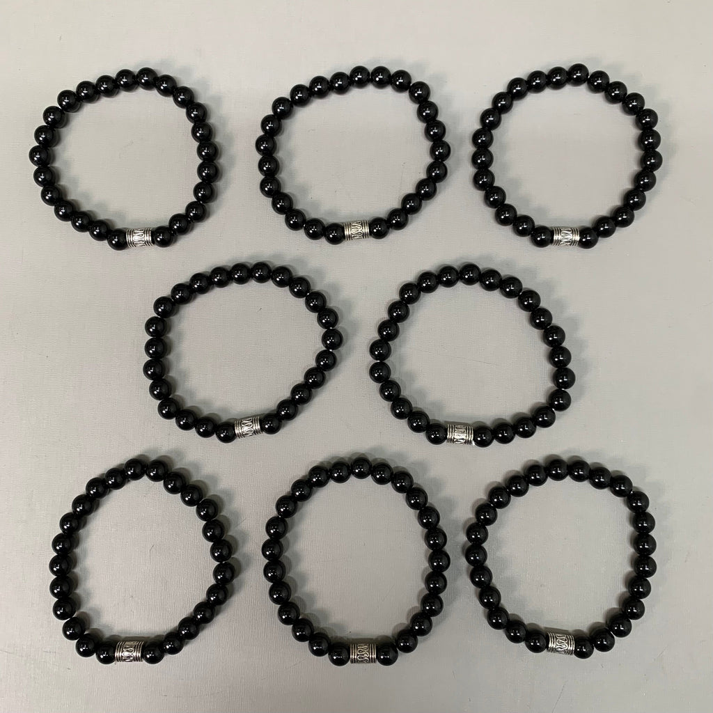 BEST WHOLESALE (12 PACK) Beaded Shiny Black Crystal Bracelets 3" Silver Cuff New