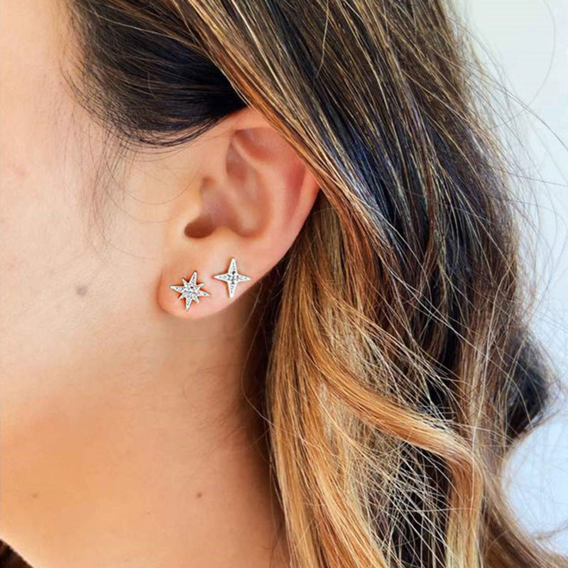 S925 Small Ins 4 Piece Set Star Octagonal Star Four Point Star Moon Earring Set