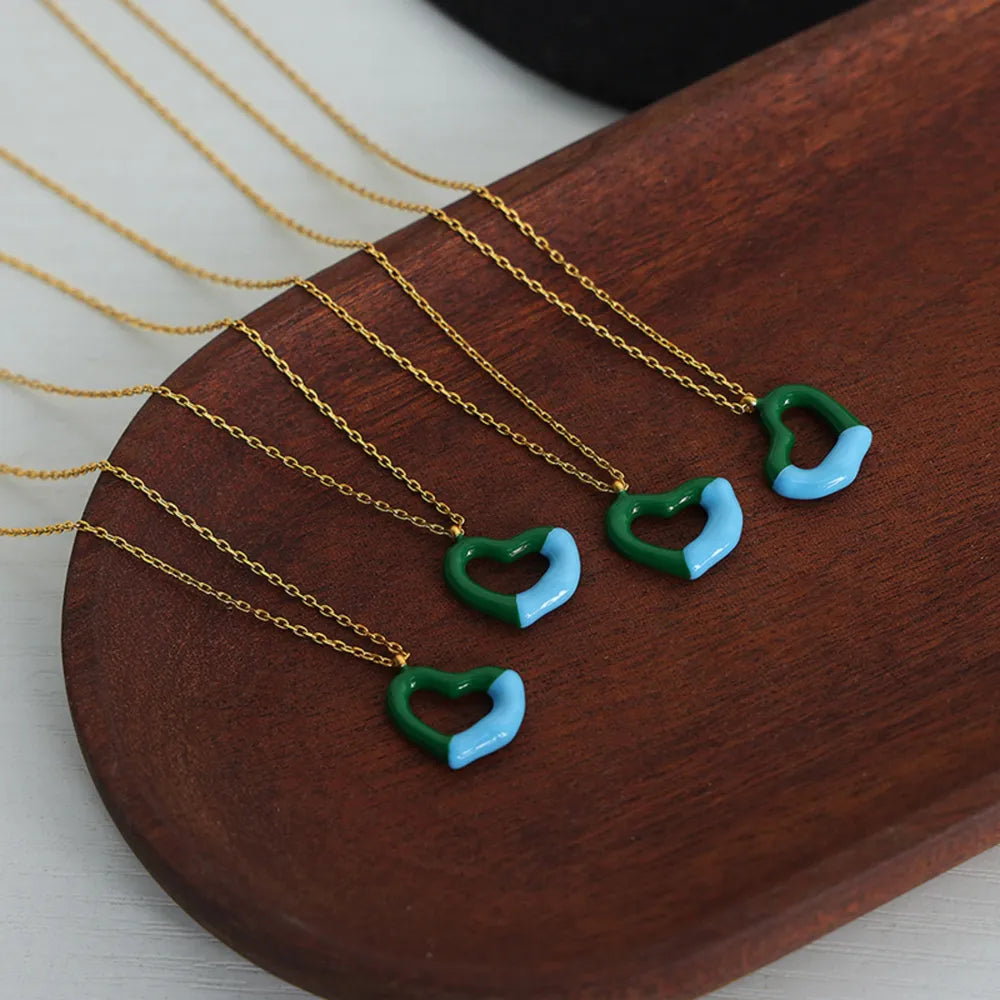 Two tone weight glazed design heart pendant titanium steel gold-plated necklace