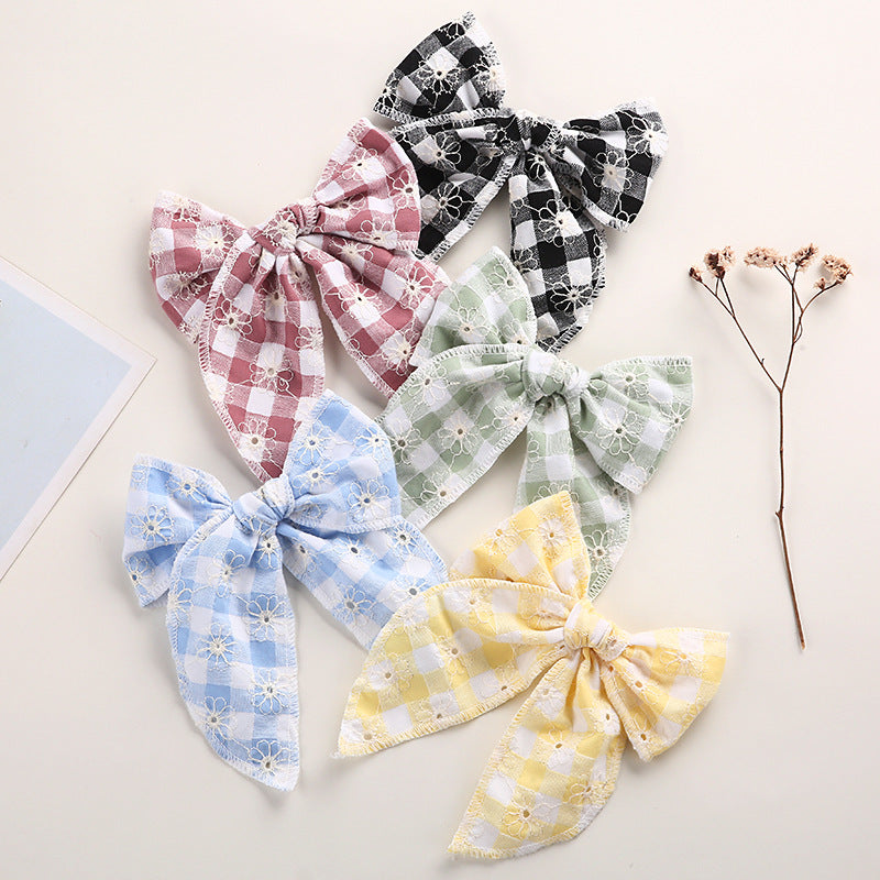 Children's Headwear Girl Plaid Cotton Embroidery Bow Hairpin Big Swallowtail Hairpin