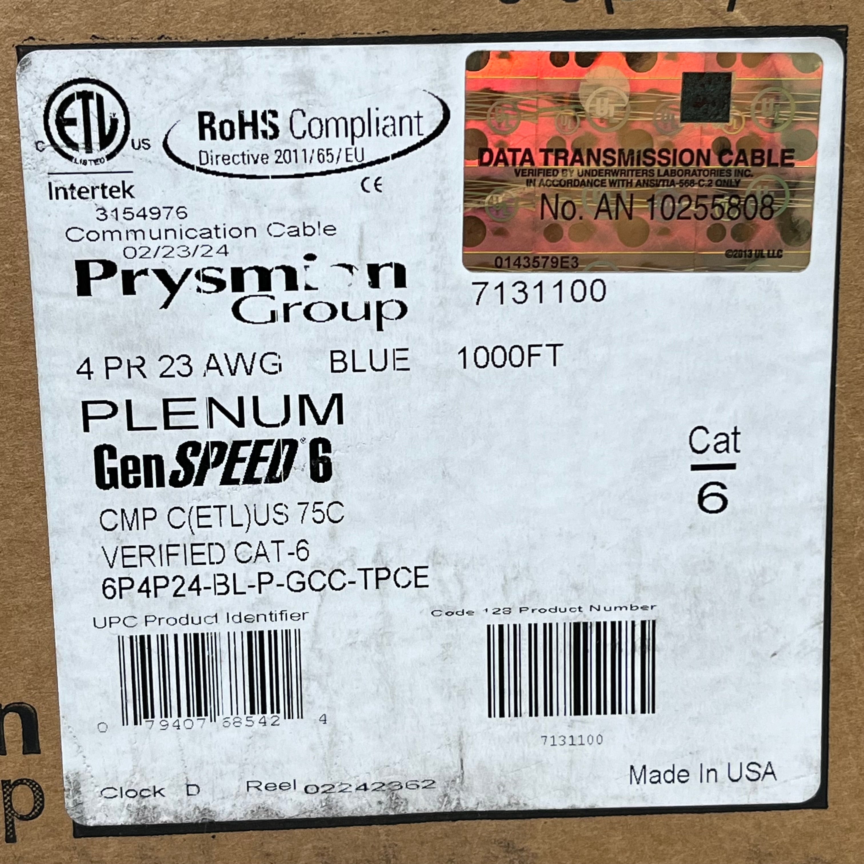 PRYSMIAN GROUP Gen SPEED 6 Plenum Communication Cable 4 PR 23 AWG 1000ft Blue