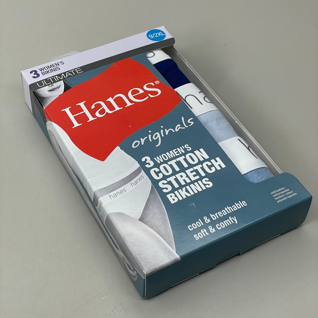 HANES 3 PACK!! Originals Women's Breathable Cotton Bikini Underwear Sz 2XL Blue 45UOBK