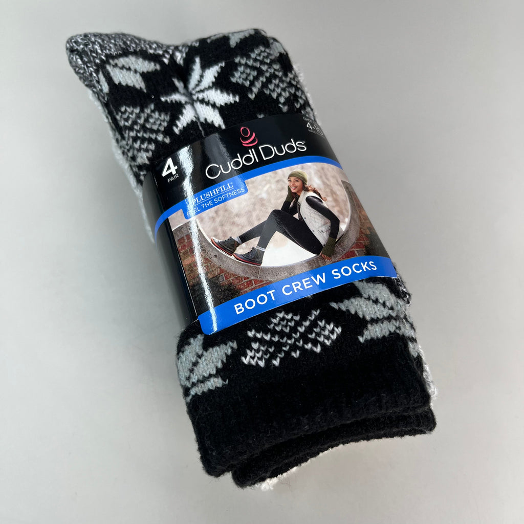 CUDDLE DUDS Soft Boot Crew Socks Plushfill 4 Pair Sz 4-10 Black Check (New)