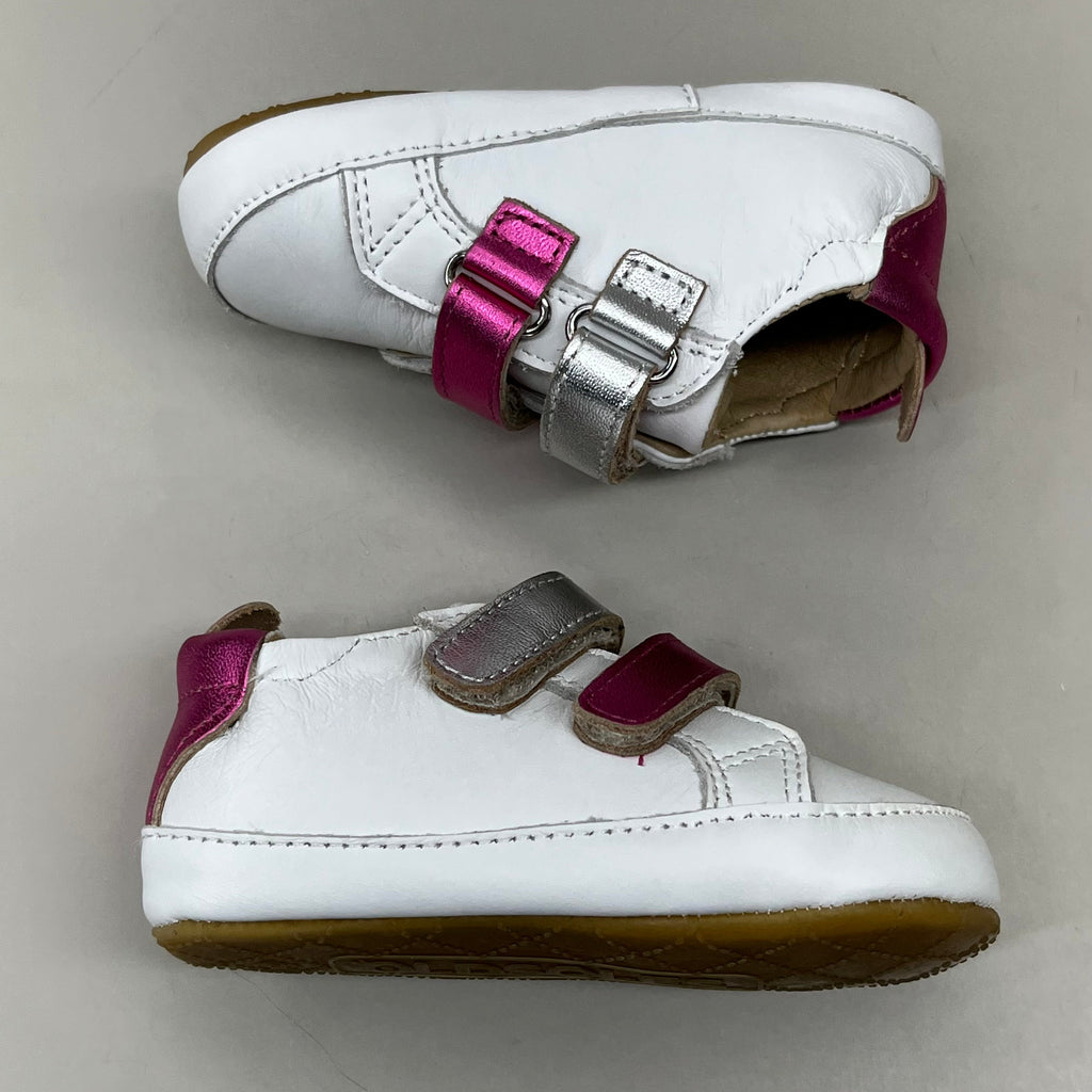 OLD SOLES Baby 2 Straps Leather Shoe Sz 5 EU 21 Snow/Fuchsia Foil/Silver #0060R