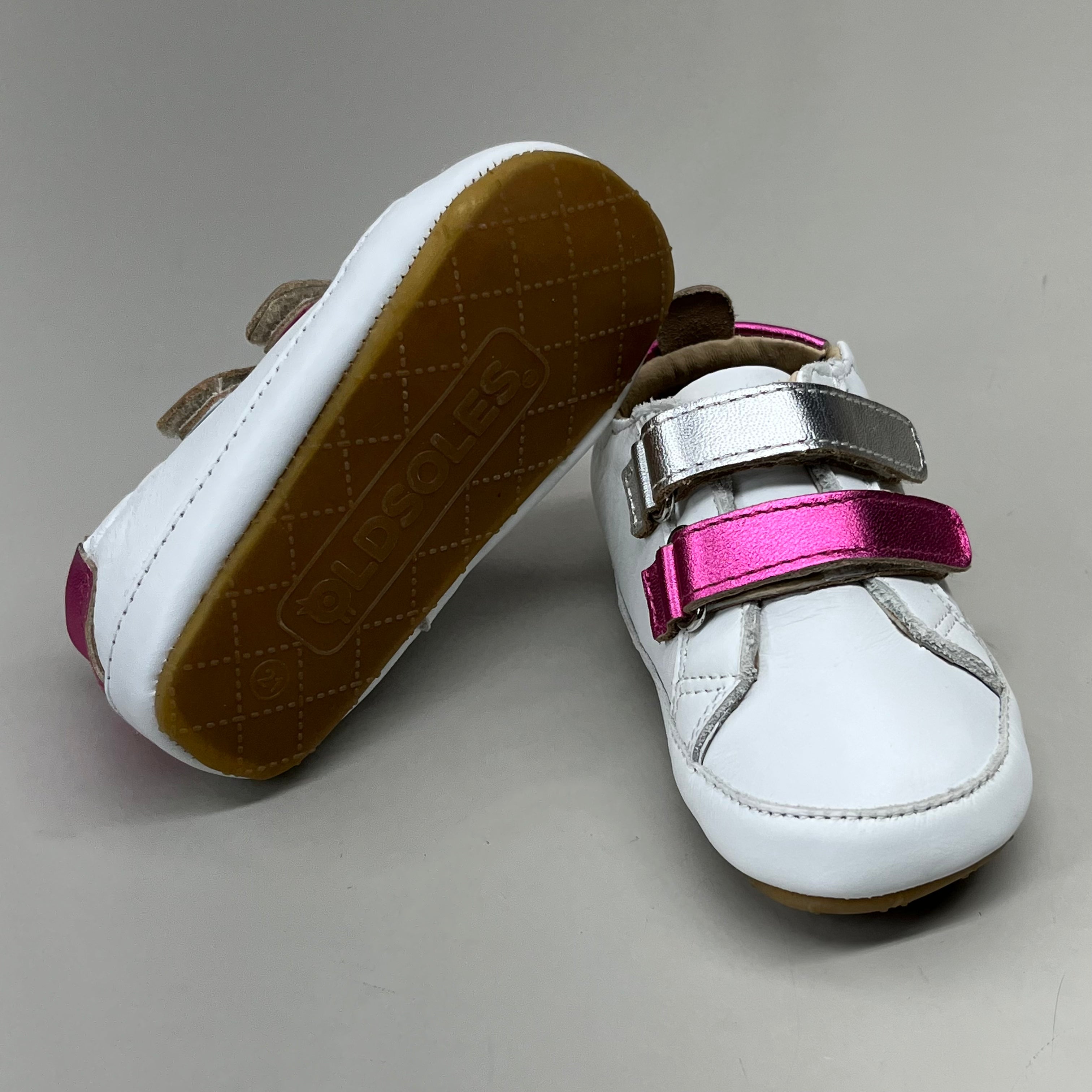 OLD SOLES Baby 2 Straps Leather Shoe Sz 5 EU 21 Snow/Fuchsia Foil/Silver #0060R