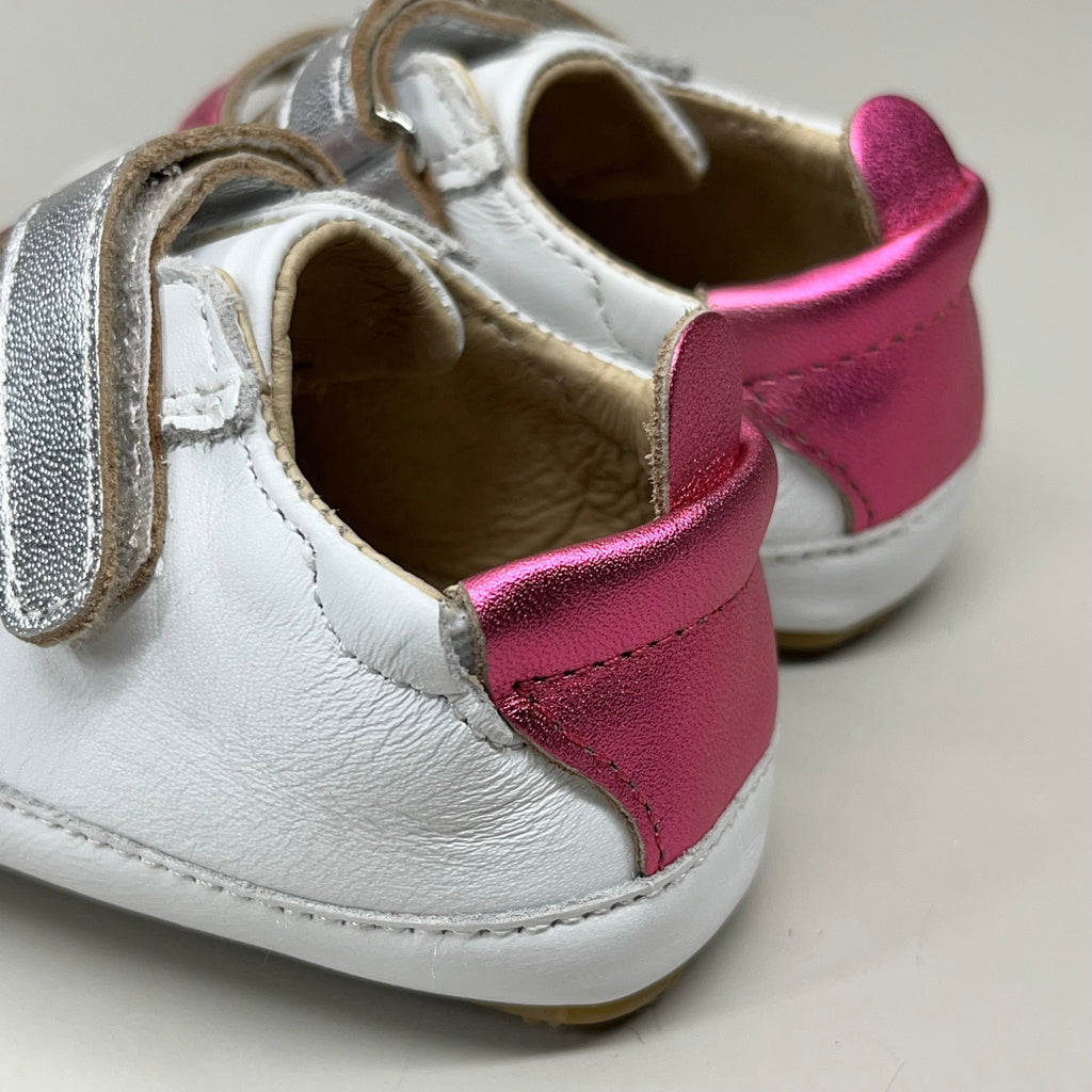 OLD SOLES Baby 2 Straps Leather Shoe Sz 5 EU 21 Snow/Fuchsia Foil/Silver #0060R