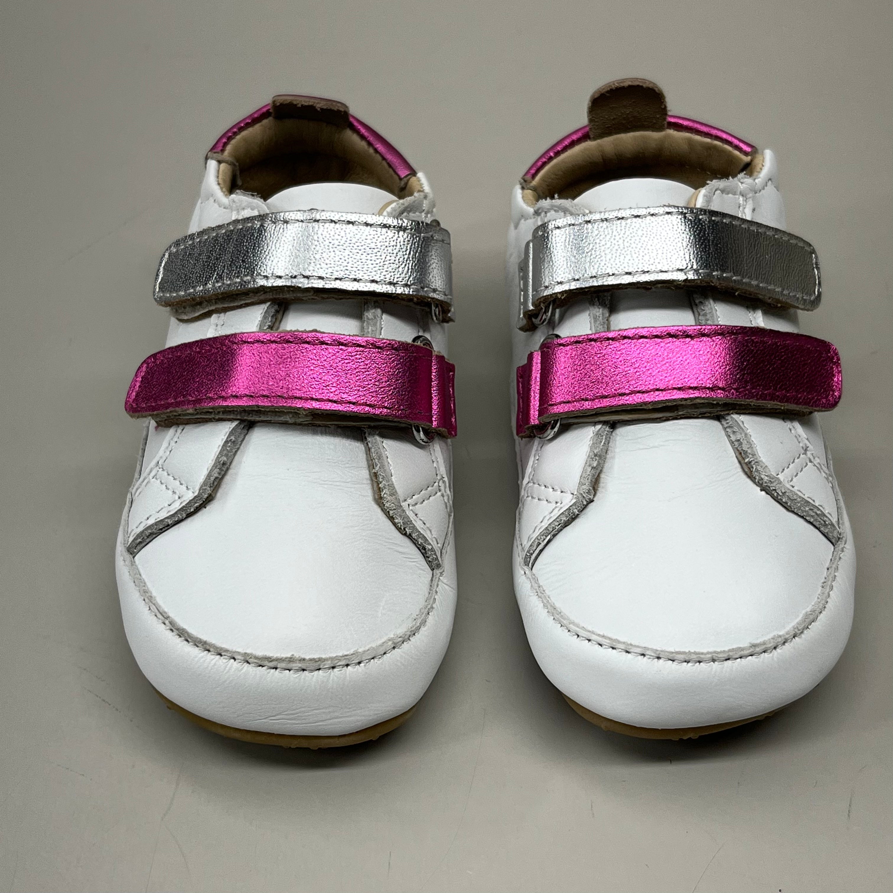 OLD SOLES Baby 2 Straps Leather Shoe Sz 5 EU 21 Snow/Fuchsia Foil/Silver #0060R