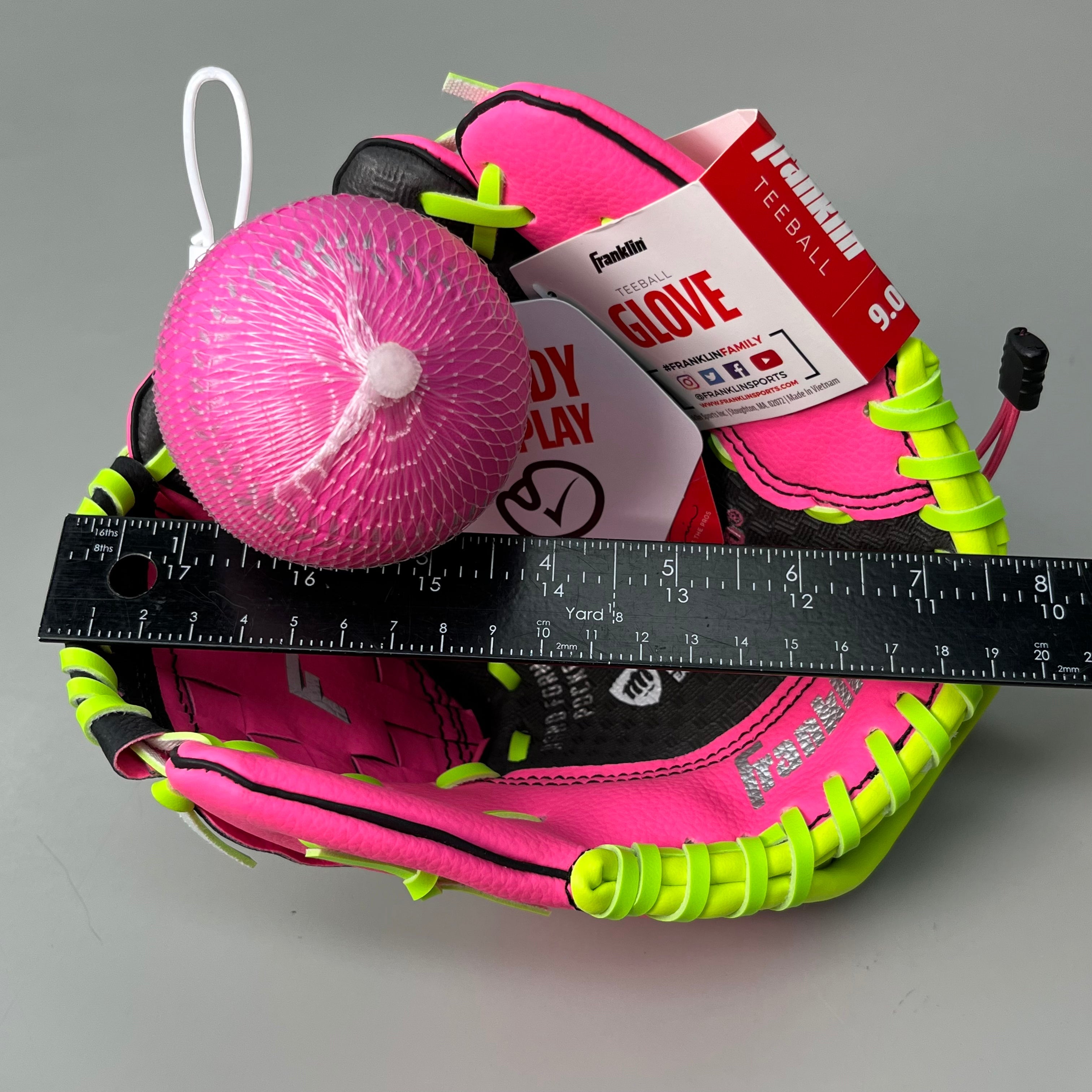 FRANKLIN Sports Youth Ball Glove Right Handed Includes Ball 9" Pink/Green 22852