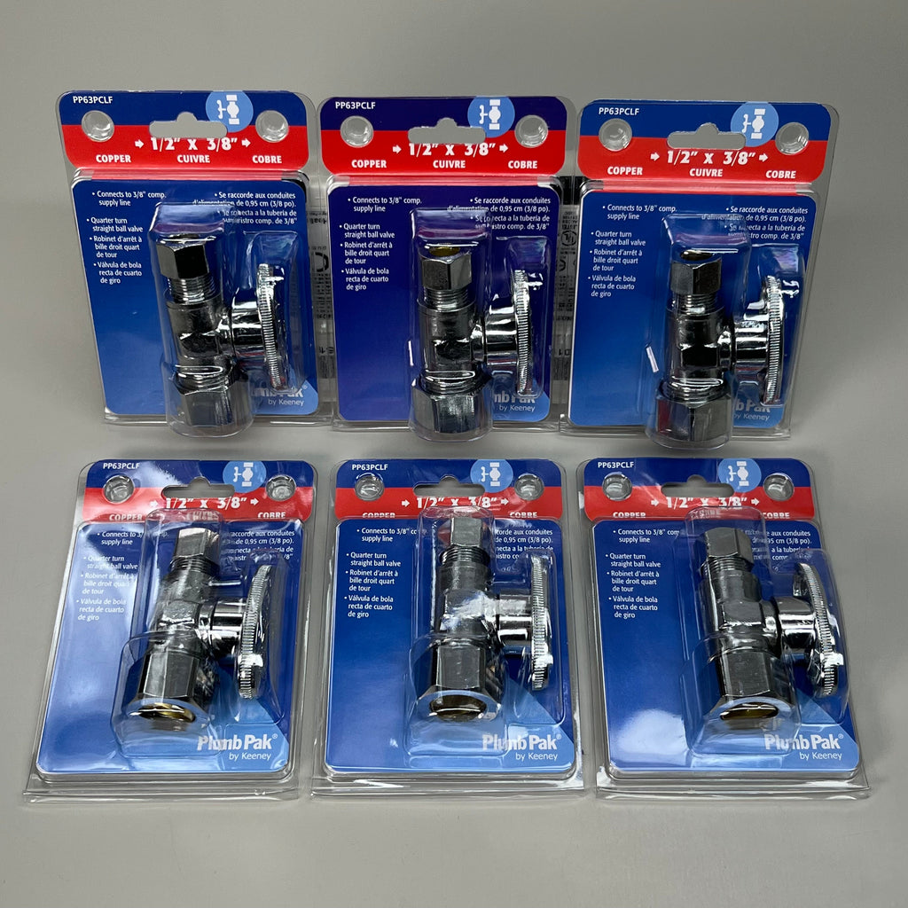 PLUMB PAK 6-PACK! Quarter Turn Straight Ball Valve 1/2" x 3/8" Silver PP63PCLF