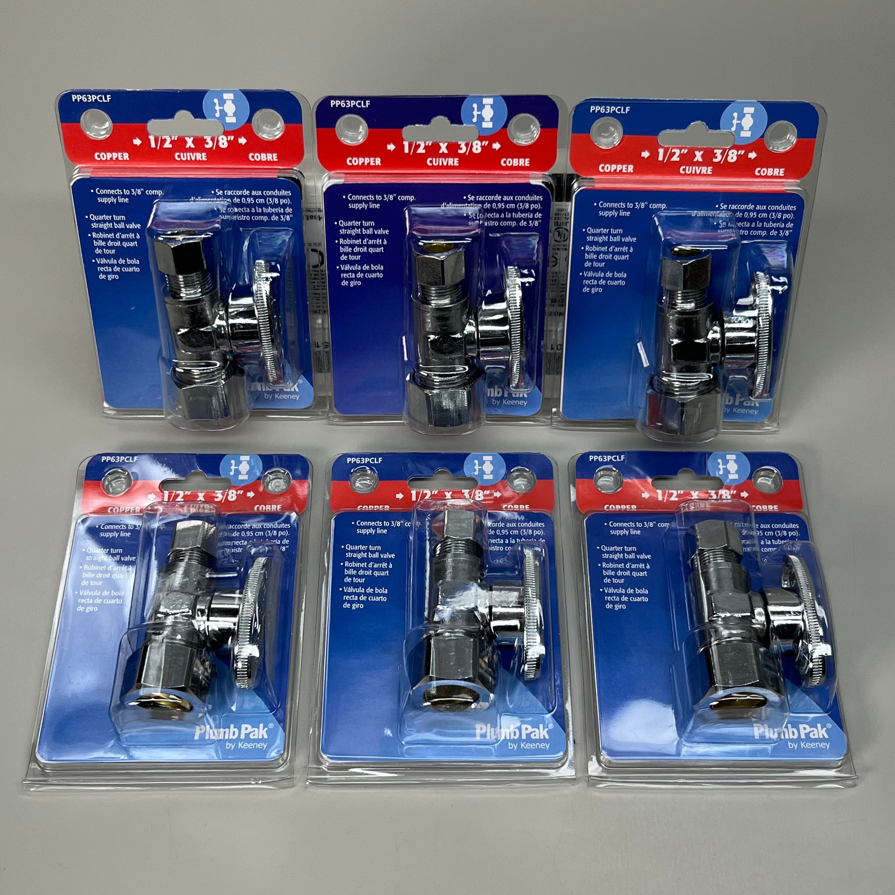 PLUMB PAK 6-PACK! Quarter Turn Straight Ball Valve 1/2" x 3/8" Silver PP63PCLF