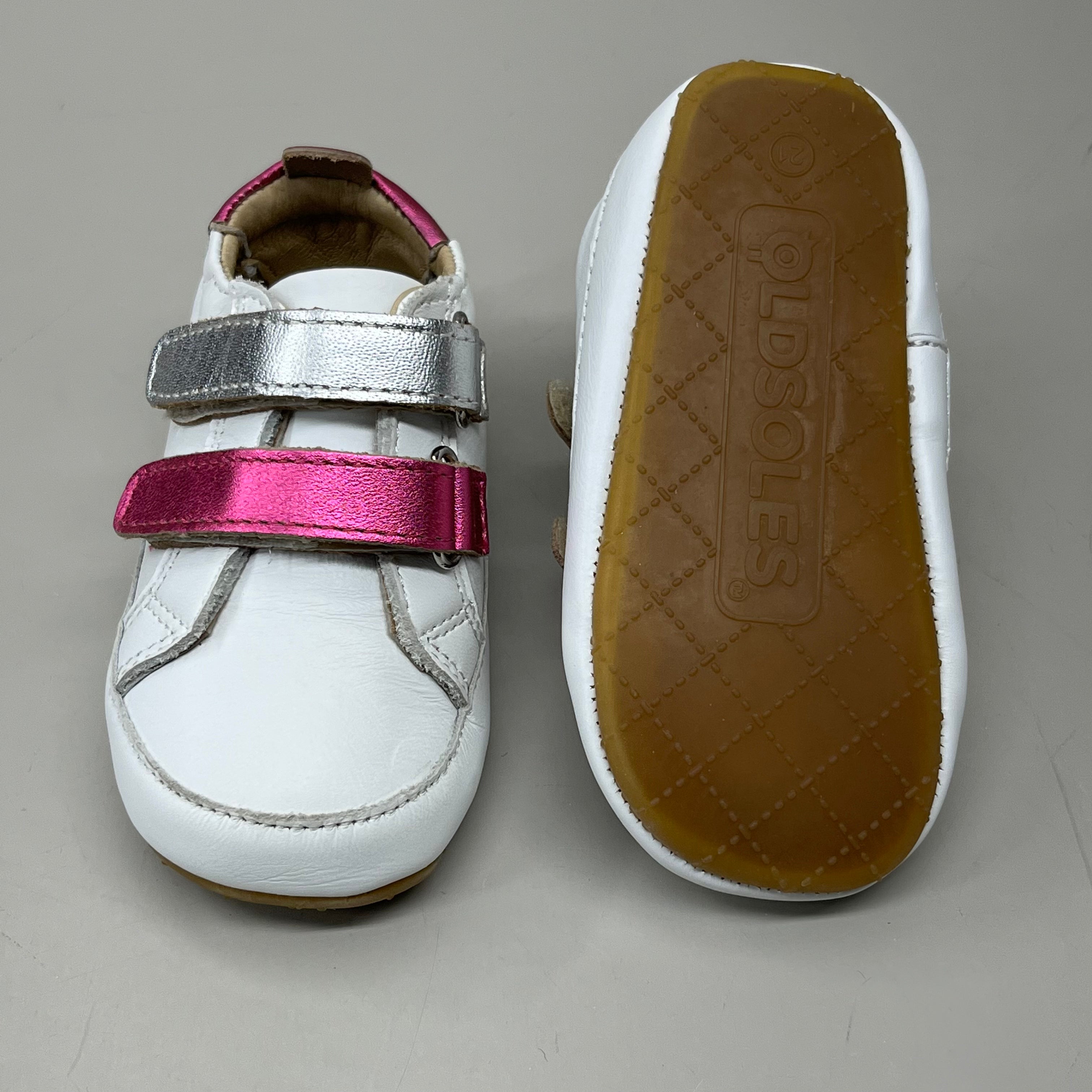 OLD SOLES Baby 2 Straps Leather Shoe Sz 5 EU 21 Snow/Fuchsia Foil/Silver #0060R