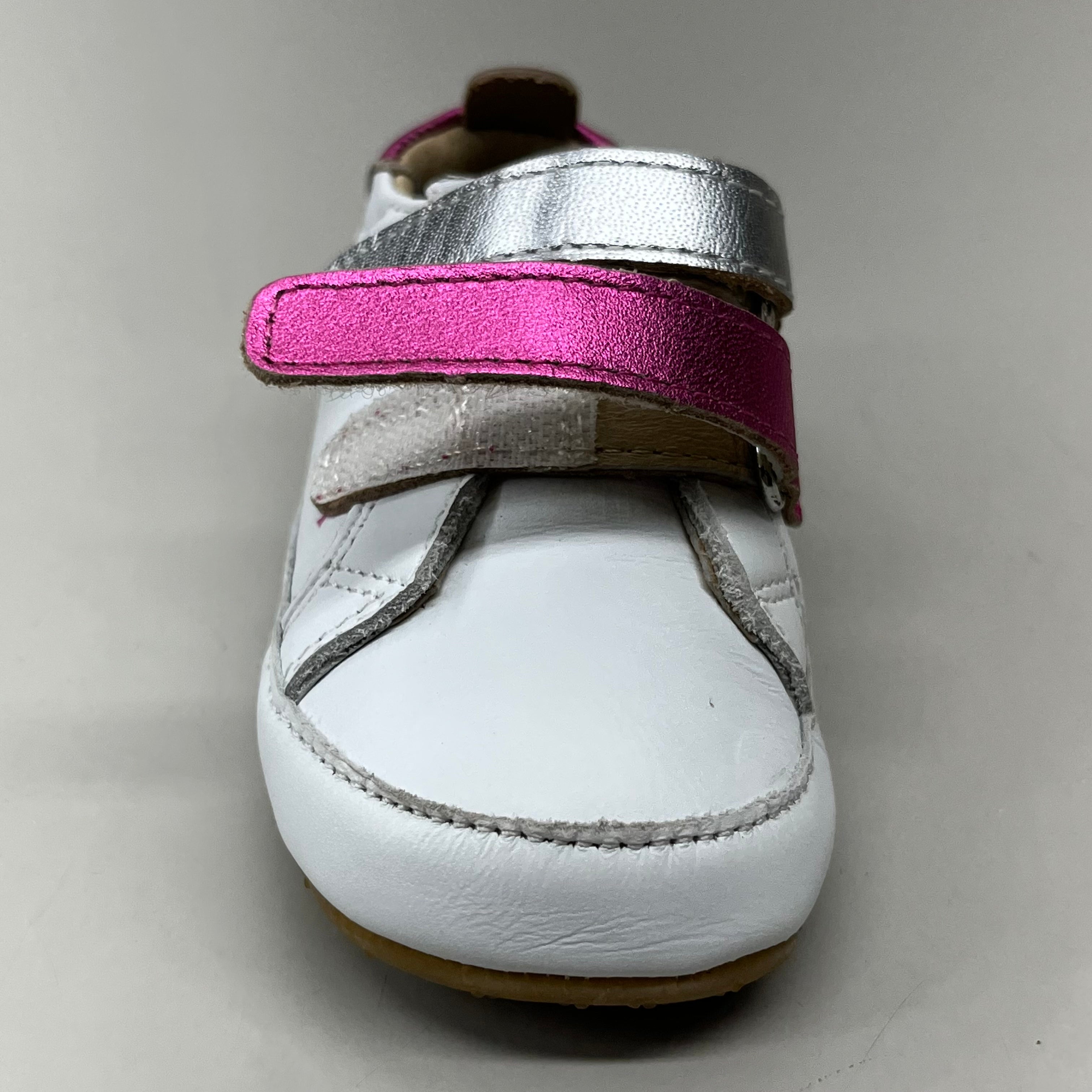 OLD SOLES Baby 2 Straps Leather Shoe Sz 5 EU 21 Snow/Fuchsia Foil/Silver #0060R