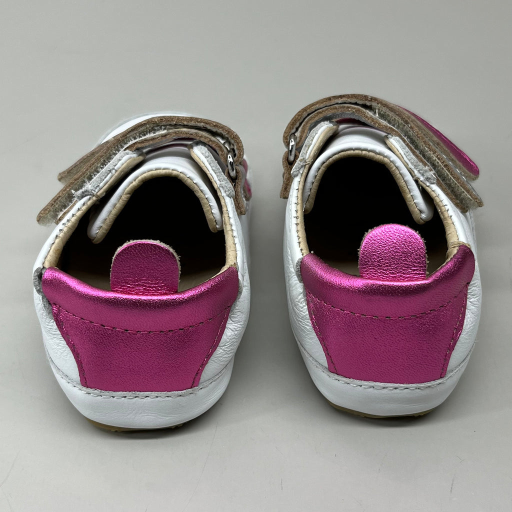 OLD SOLES Baby 2 Straps Leather Shoe Sz 5 EU 21 Snow/Fuchsia Foil/Silver #0060R