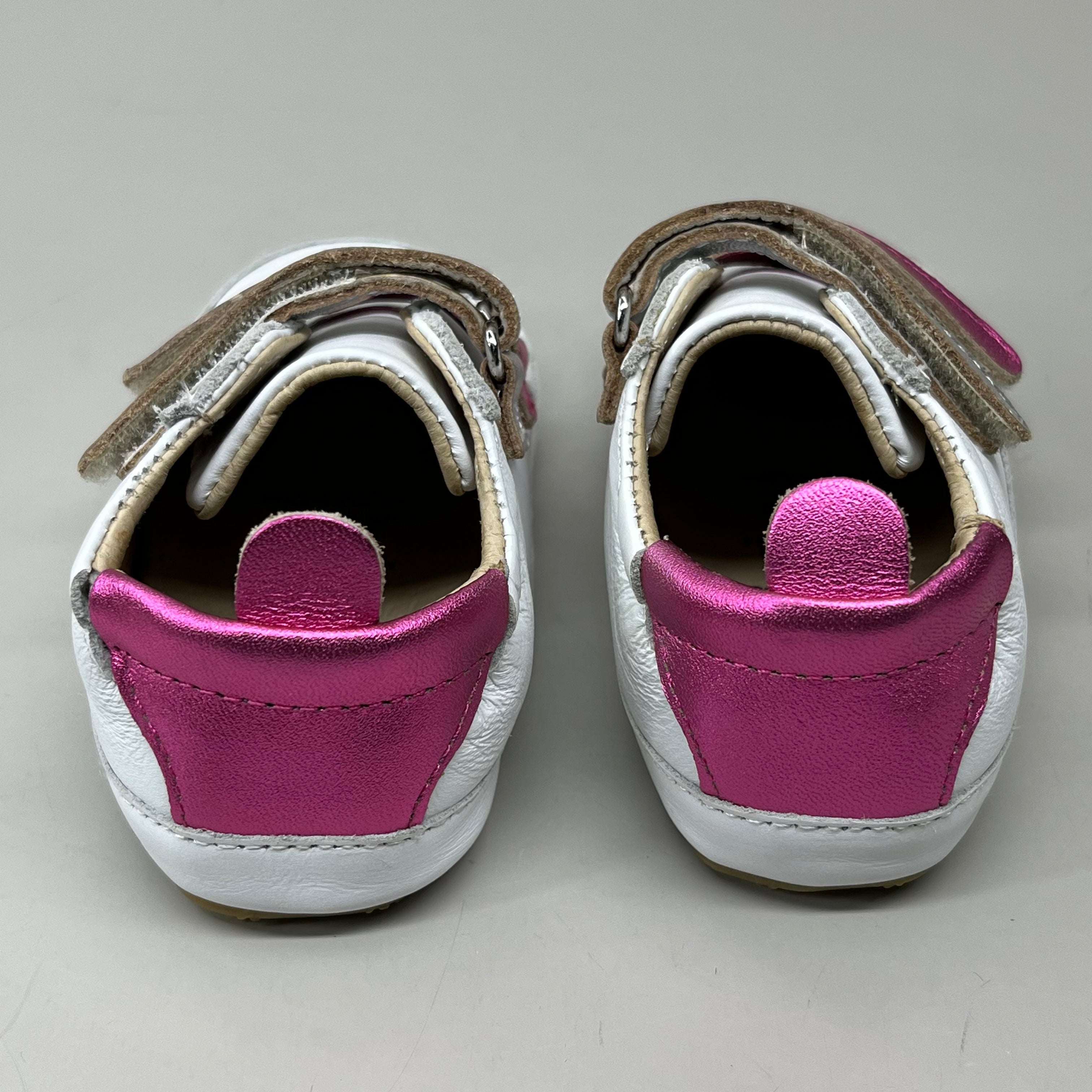 OLD SOLES Baby 2 Straps Leather Shoe Sz 5 EU 21 Snow/Fuchsia Foil/Silver #0060R