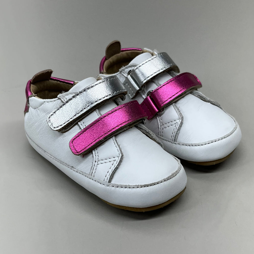 OLD SOLES Baby 2 Straps Leather Shoe Sz 5 EU 21 Snow/Fuchsia Foil/Silver #0060R