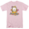 Garfield In The Garden Mens T Shirt Pink Officially Licensed