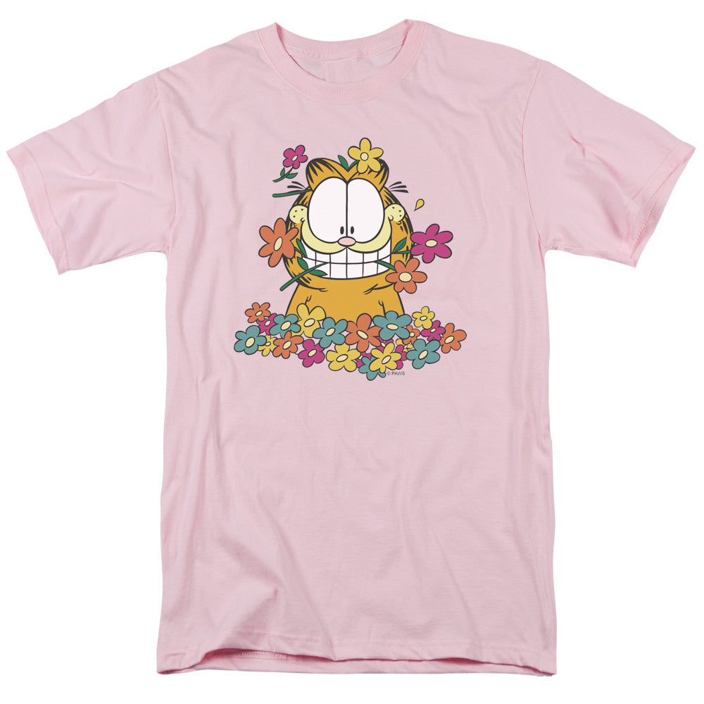 Garfield In The Garden Mens T Shirt Pink Officially Licensed