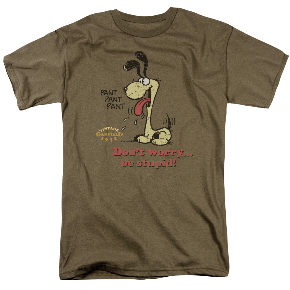 Garfield Dont Worry Be Stupid Mens T Shirt Safari Green Officially Licensed
