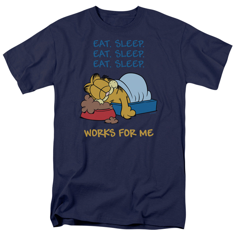 Garfield Works for Me Mens T Shirt Navy Blue Officially Licensed