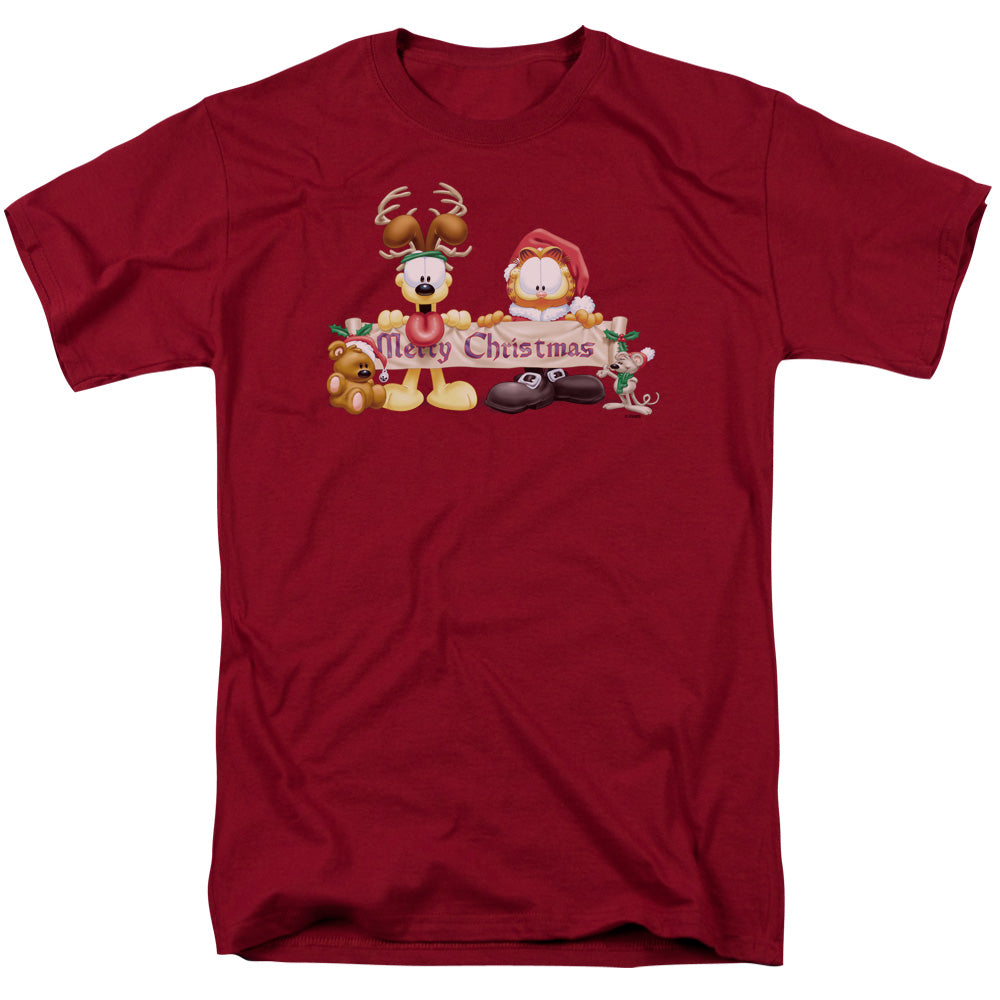 Garfield Christmas Banner Mens T Shirt Cardinal Officially Licensed