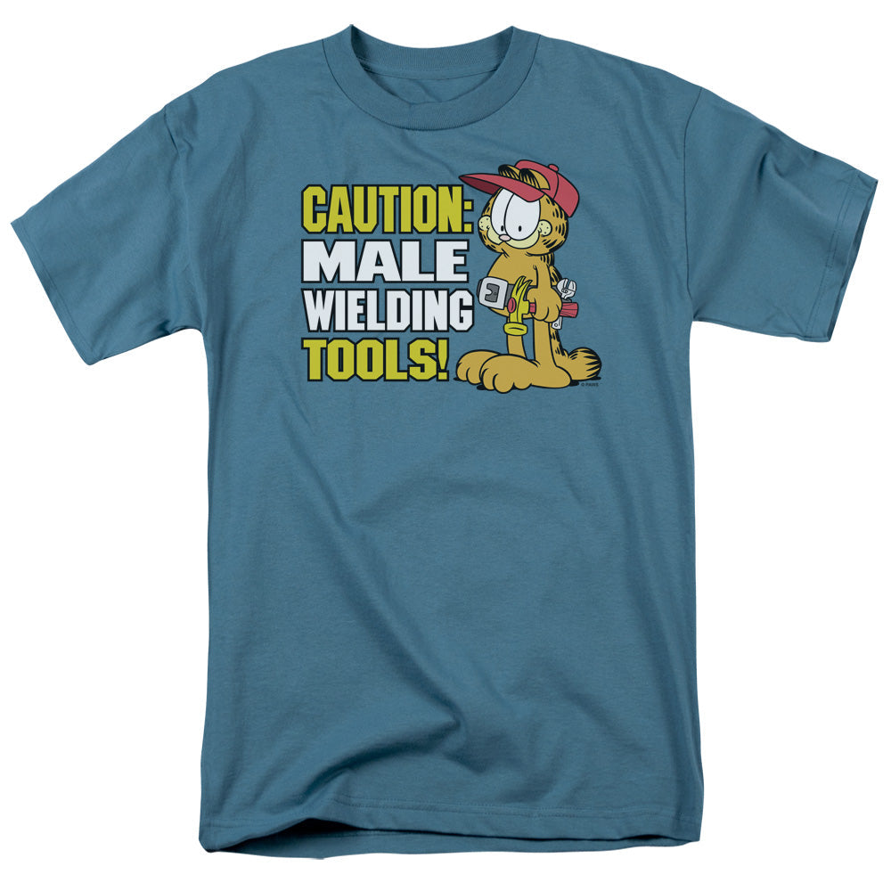 Garfield Caution Male Wielding Tools Mens T Shirt Slate Officially Licensed