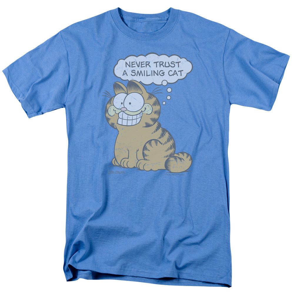 Garfield Never Trust A Smiling Cat Mens T Shirt Carolina Blue Officially Licensed