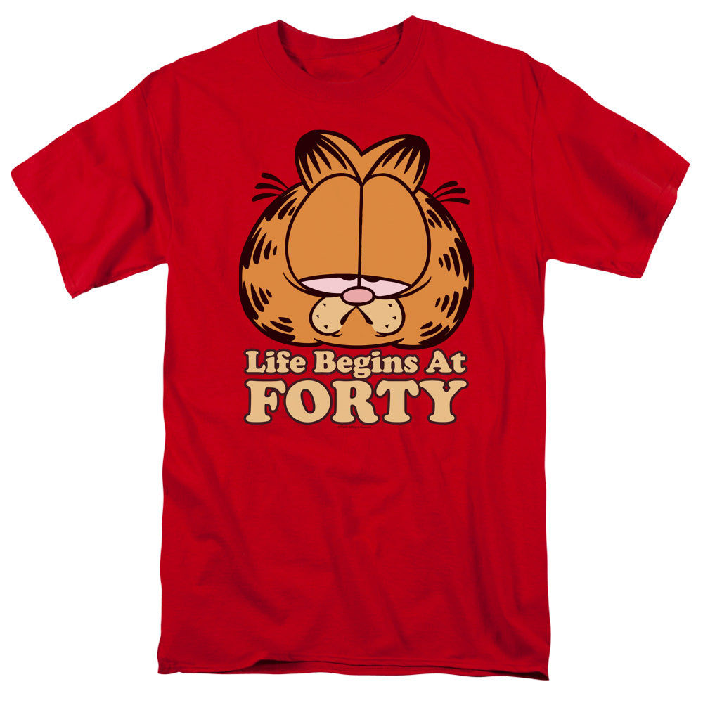 Garfield Life Begins At Forty Mens T Shirt Red Officially Licensed