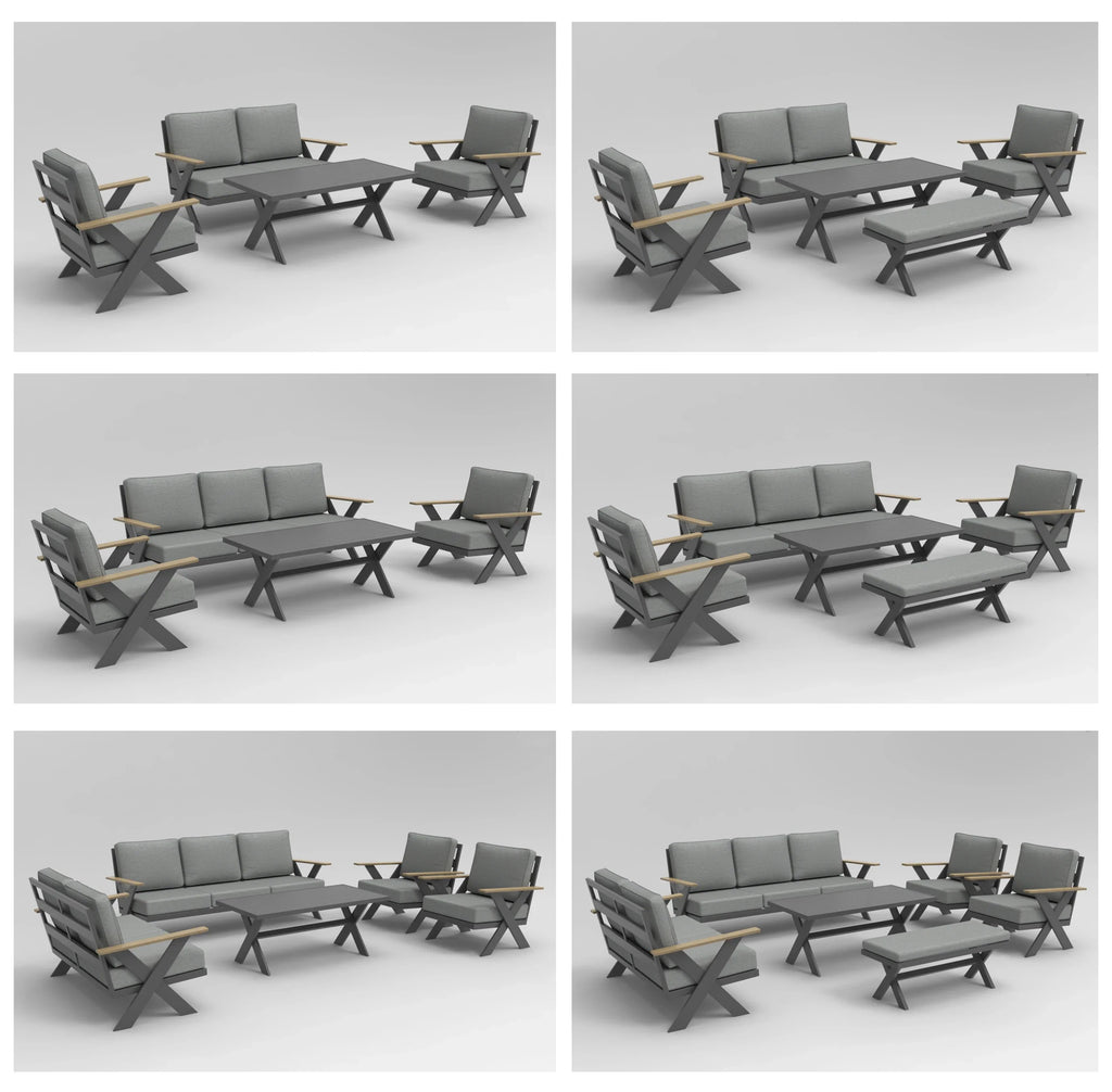 Modern All-Aluminum Outdoor Modular Sofa Set with X-Frame Design and Dining Table Freely Combinable for Farmhouse & Courtyard