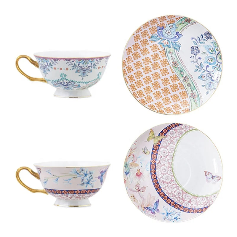 Floral Gold Fine Bone China Porcelain Tableware Coffee & Tea Set Cups and Saucers