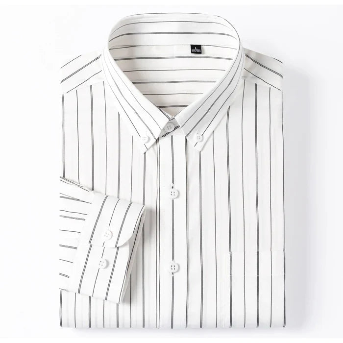 England Style Soft 100% Cotton Fashion Shirts Single Patch Pocket Long Sleeve Standard-fit Button-down Man Casual Striped Shirt