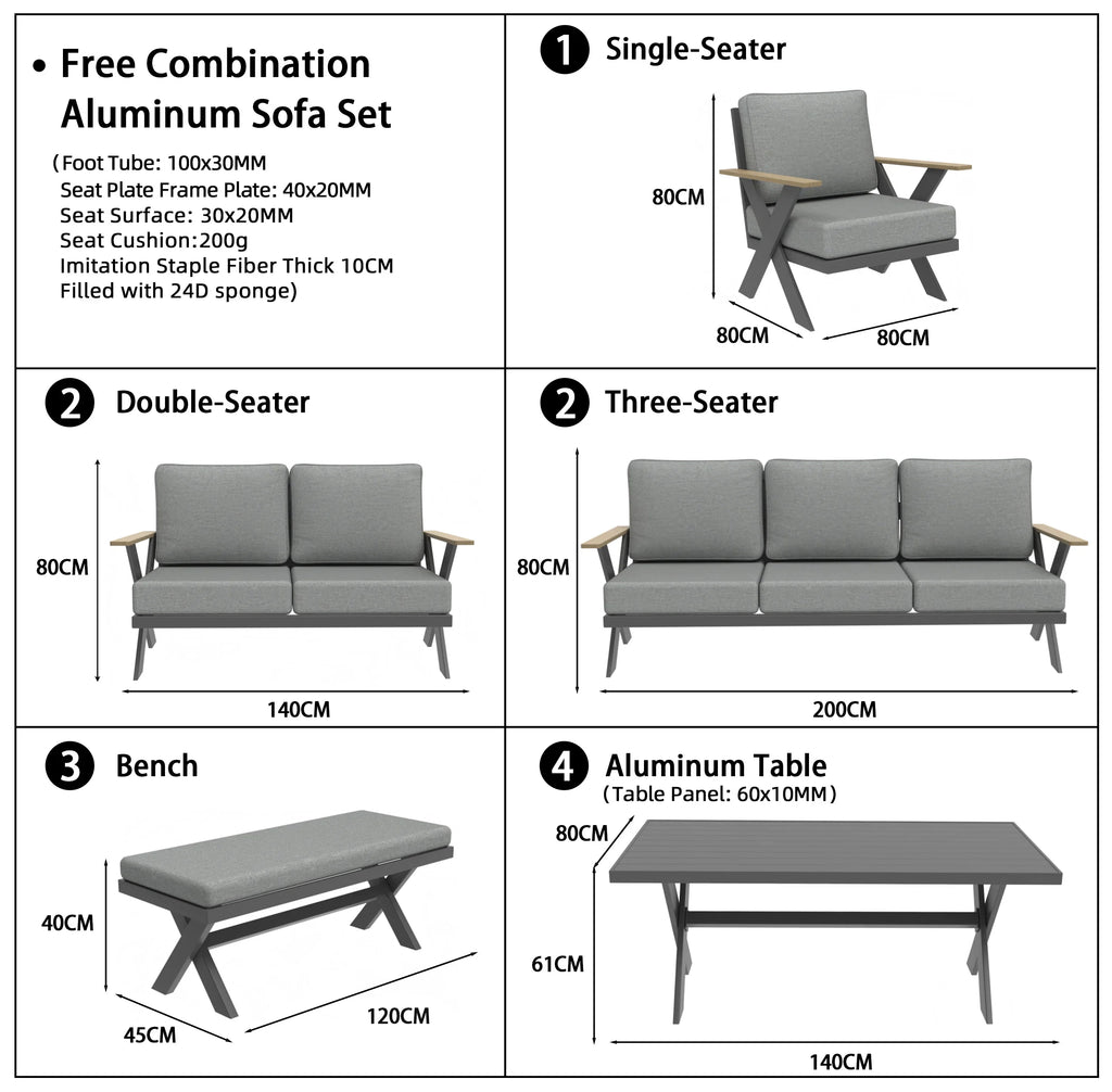 Modern All-Aluminum Outdoor Modular Sofa Set with X-Frame Design and Dining Table Freely Combinable for Farmhouse & Courtyard