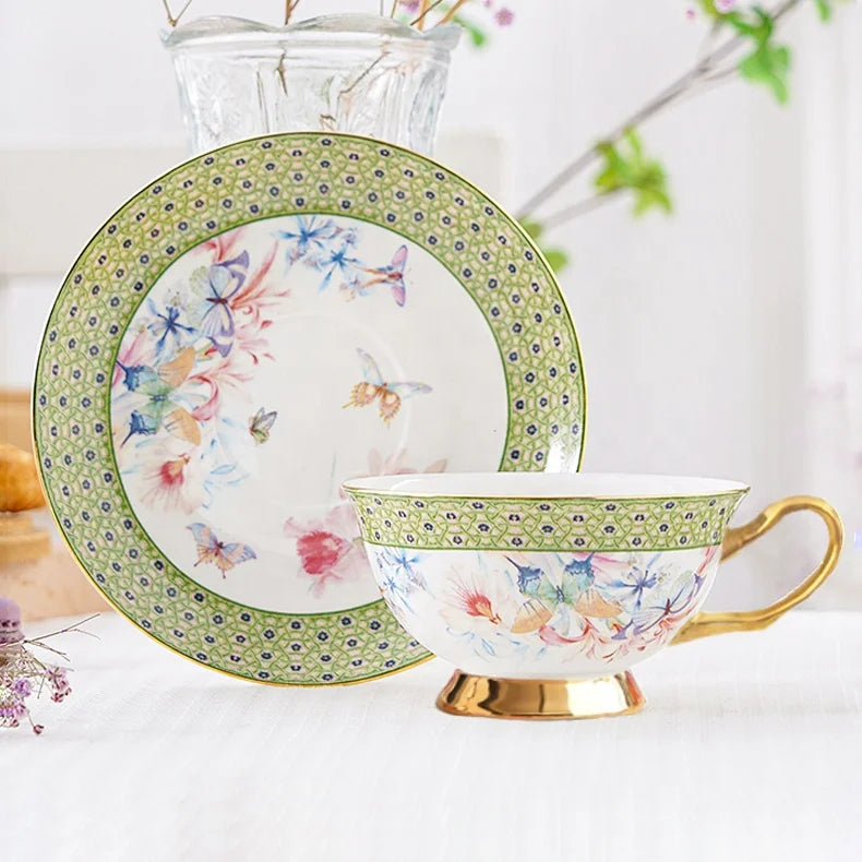 Floral Gold Fine Bone China Porcelain Tableware Coffee & Tea Set Cups and Saucers