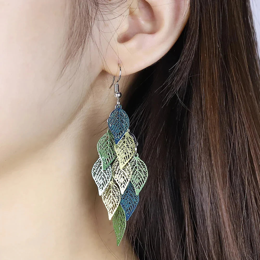 Ethnic Nine-Leaf Drop Earrings – Bohemian Dangle Jewelry for Women