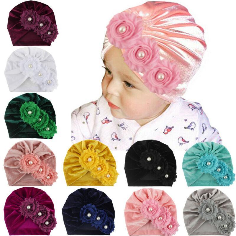 Handmade Baby Accessories Newborn Kids Baby Boy Girl Indian Turban Twist Knot Beanie Hat Pearl Flower Style