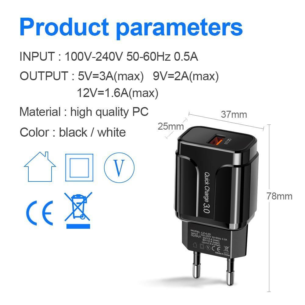Black 3A Quick Charge 3.0 USB Charger EU Wall Mobile Phone Charger Adapter QC3.0 Fast Charging