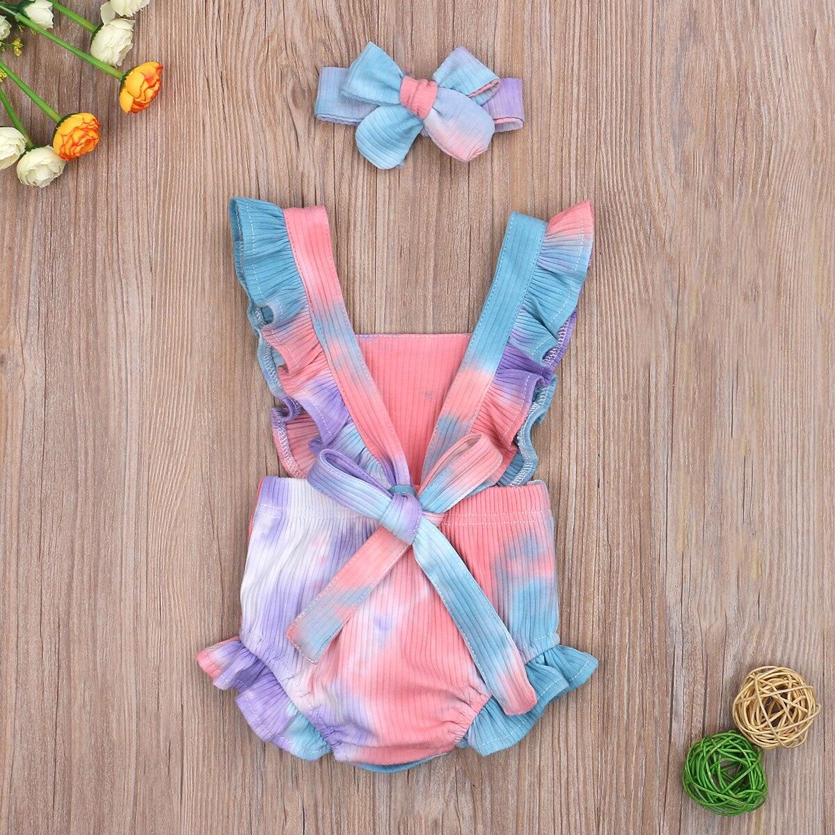 Luxury Modern New Printed Colorful Toddler Girls Rompers With Headband Ruffles Short Sleeve Printed Backless Jumpsuits