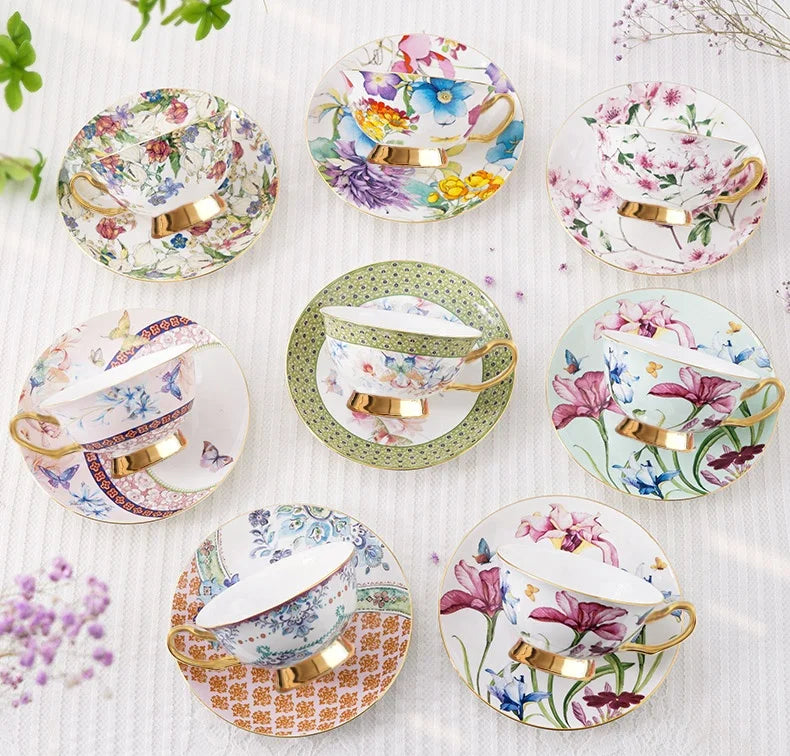 Floral Gold Fine Bone China Porcelain Tableware Coffee & Tea Set Cups and Saucers
