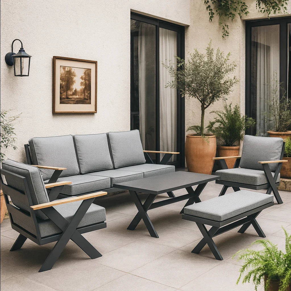 Modern All-Aluminum Outdoor Modular Sofa Set with X-Frame Design and Dining Table Freely Combinable for Farmhouse & Courtyard