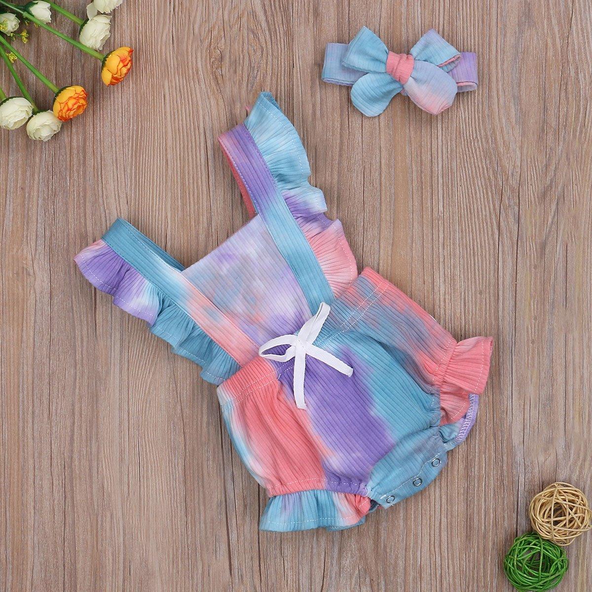 Luxury Modern New Printed Colorful Toddler Girls Rompers With Headband Ruffles Short Sleeve Printed Backless Jumpsuits