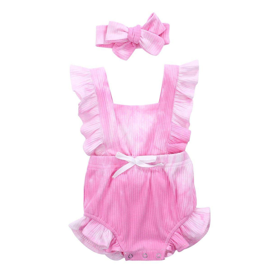 Luxury Modern New Printed Colorful Toddler Girls Rompers With Headband Ruffles Short Sleeve Printed Backless Jumpsuits