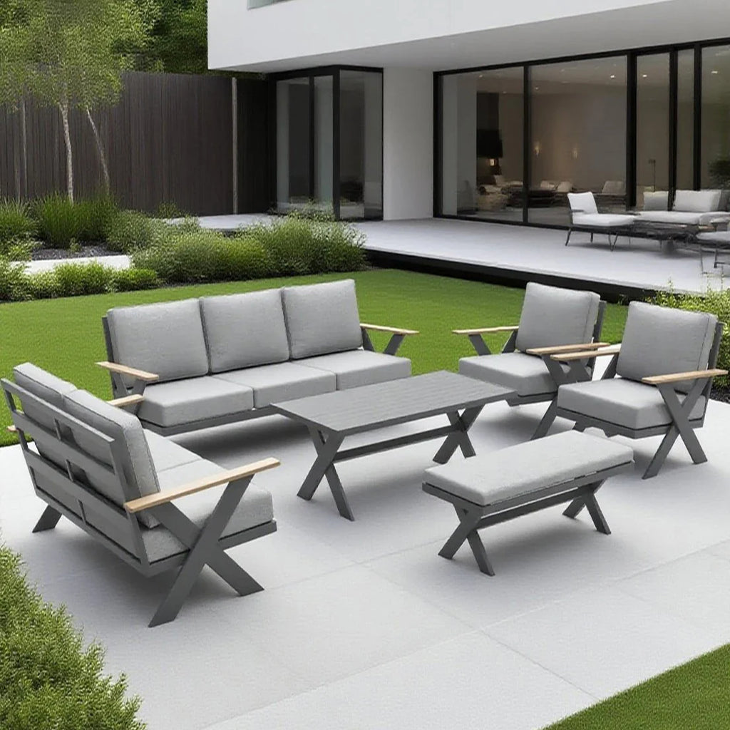 Modern All-Aluminum Outdoor Modular Sofa Set with X-Frame Design and Dining Table Freely Combinable for Farmhouse & Courtyard