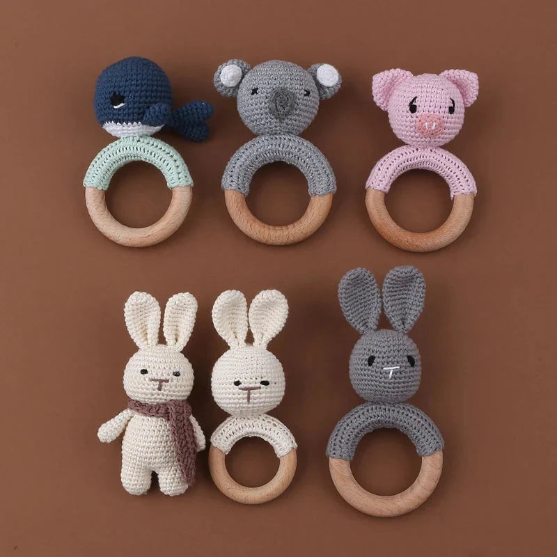 BPA Free Baby Wooden Teether Crochet Rattle Toy for Newborns