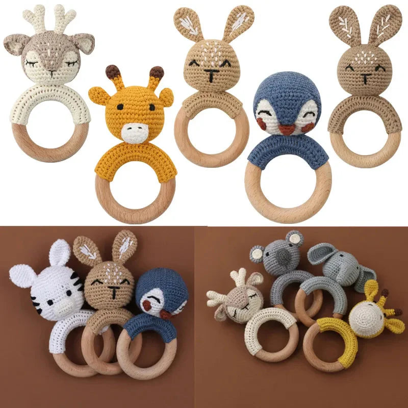 BPA Free Baby Wooden Teether Crochet Rattle Toy for Newborns