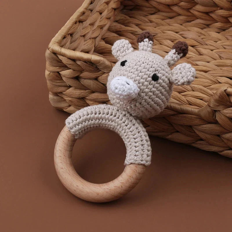 BPA Free Baby Wooden Teether Crochet Rattle Toy for Newborns