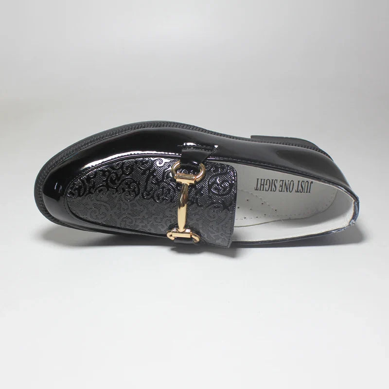 Boys Formal Shoes Black Patent Leather Slip On Round Toes